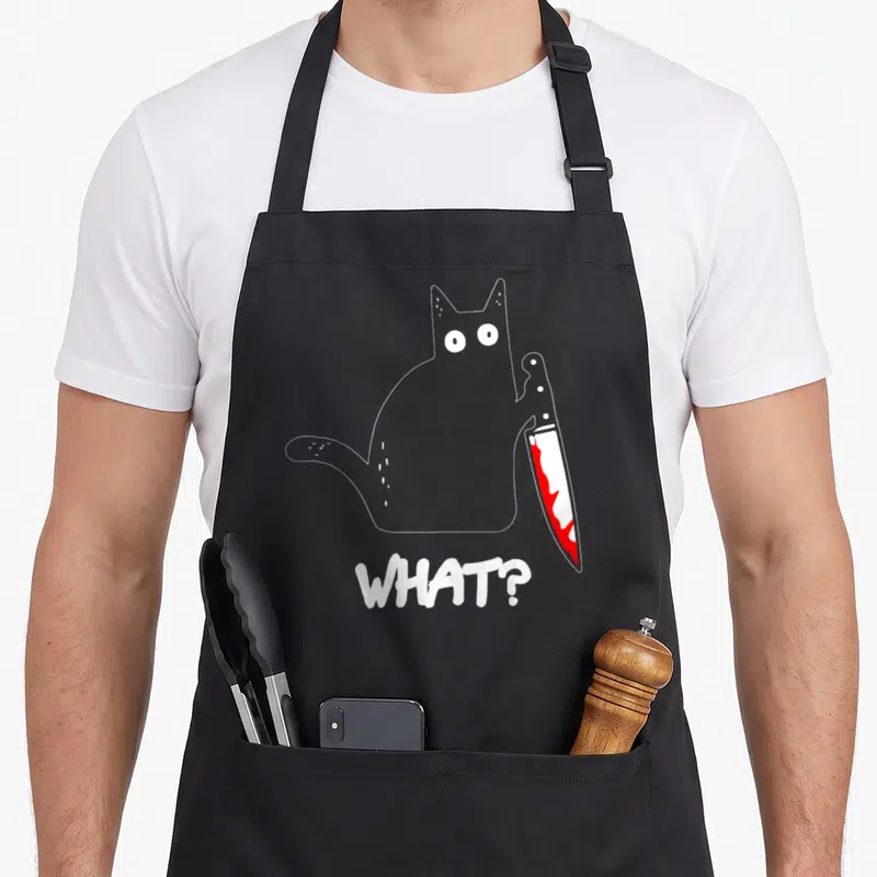 Tablier de cuisine noir avec illustration d'un chat blanc tenant un couteau à lame rouge et le texte What ?
