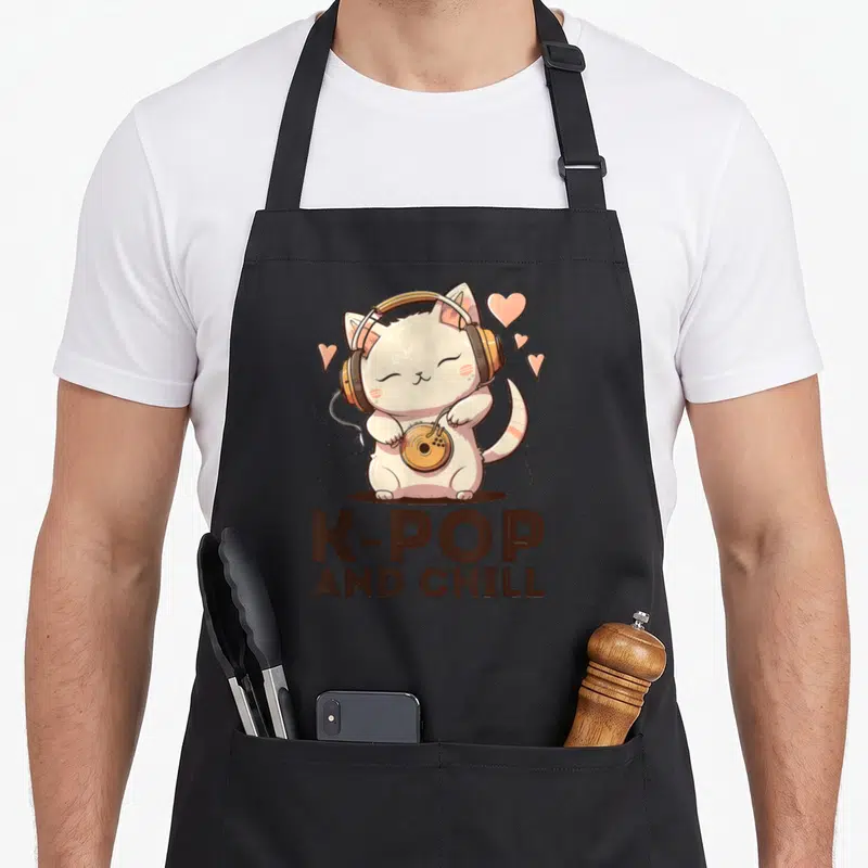 Tablier de cuisine noir avec un chat blanc aux écouteurs tenant un disque vinyl et le texte K-POP AND CHILL en lettres marron.