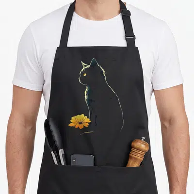 Tablier de cuisine noir avec silhouette de chat aux yeux jaunes et une fleur orange stylisée en bas à gauche.