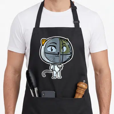 Tablier de cuisine noir avec un chat gris en tenue d'escrime tenant une épée devant son visage.