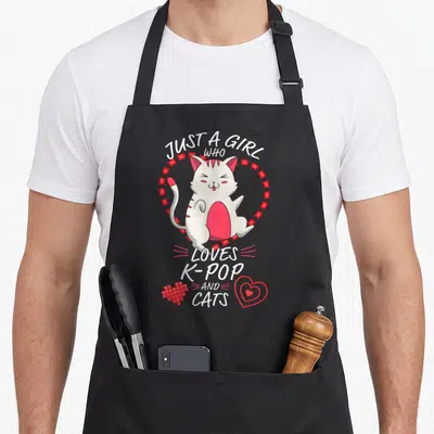 Tablier de cuisine noir avec illustration d'un chat blanc rose et texte Just A Girl Who Loves K-Pop and Cats.