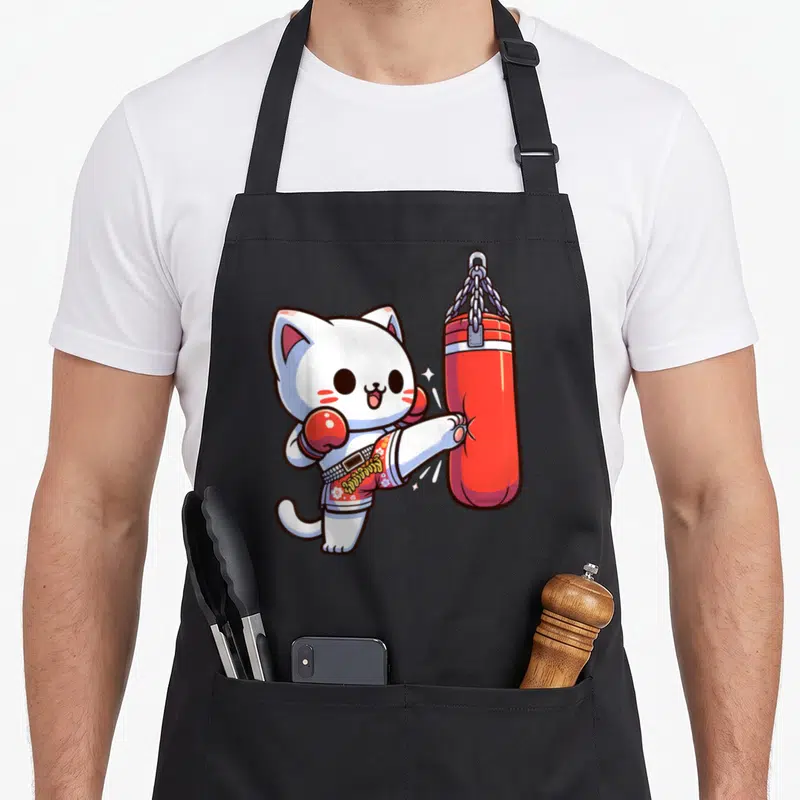 Tablier de cuisine noir avec un chat blanc en Muay Thai frappant un sac de frappe rouge.