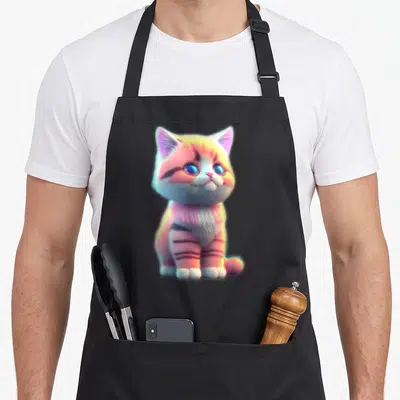 Tablier de cuisine noir avec un chat mignon et amusant en peluche au design kawaii aux couleurs pastel et aux grands yeux brillants.