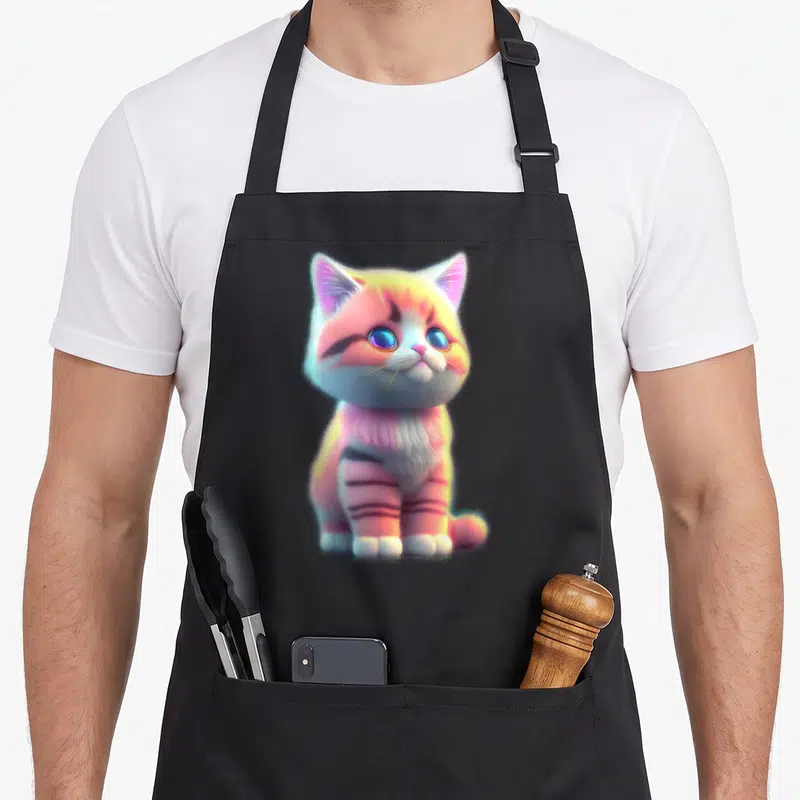 Tablier de cuisine noir avec un chat mignon et amusant en peluche au design kawaii aux couleurs pastel et aux grands yeux brillants.