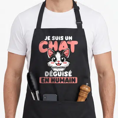 Tablier de cuisine noir avec un chaton et le texte Je Suis Un Chat Déguisé En Humain en rose et blanc.