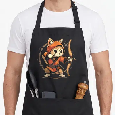 Tablier de cuisine noir avec un chat archer en tenue orange tenant un arc et une flèche.