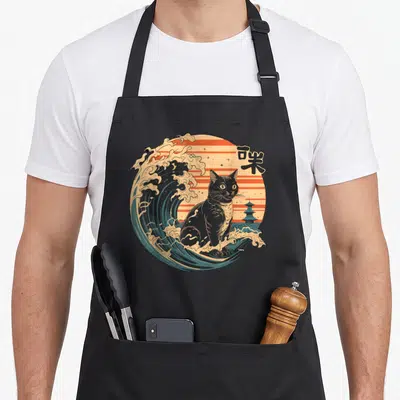 Tablier de cuisine noir avec illustration d'un chat noir assis sur une grande vague stylisée type ukiyo-e devant une pagode.