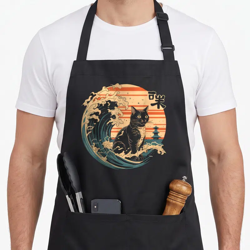 Tablier de cuisine noir avec illustration d'un chat noir assis sur une grande vague stylisée type ukiyo-e devant une pagode.
