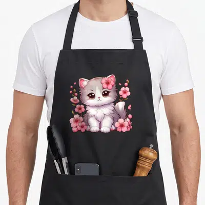 Tablier de cuisine noir avec un chat gris assis entouré de fleurs de cerisier roses et de petits cœurs.