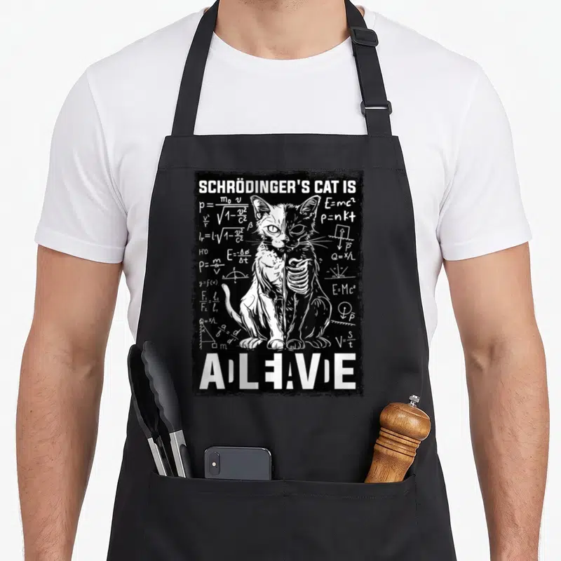 Tablier de cuisine noir avec un chat half-life dessiné en blanc surrounded de formules mathématiques et physiques.