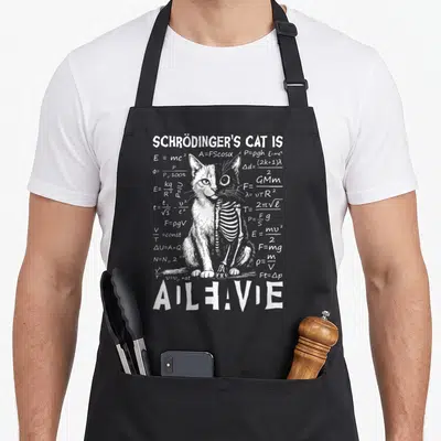 Tablier de cuisine noir avec illustration d'un chat moitié squelette moitié vivant entouré de formules physiques en blanc.