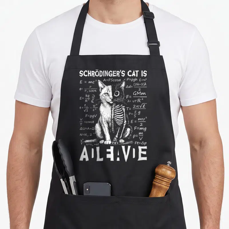 Tablier de cuisine noir avec illustration d'un chat moitié squelette moitié vivant entouré de formules physiques en blanc.