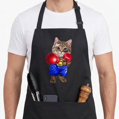 Tablier de cuisine noir avec un chat tigré en boxeur portant des gants rouges et une ceinture dorée.