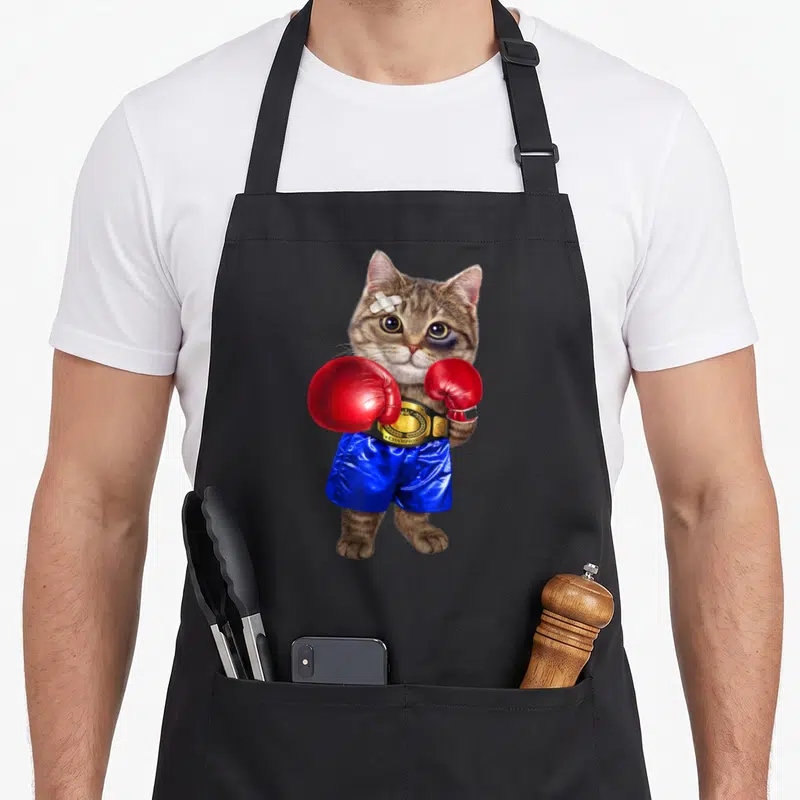 Tablier de cuisine noir avec un chat tigré en boxeur portant des gants rouges et une ceinture dorée.