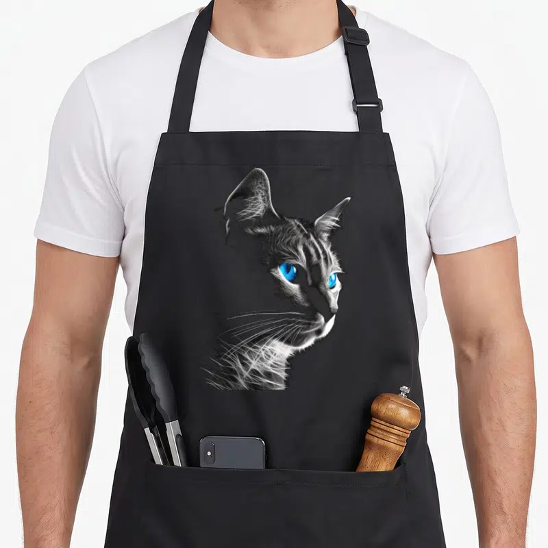 Tablier de cuisine noir avec illustration artistique d'un chat aux yeux bleus vifs et traits fins en noir et blanc.