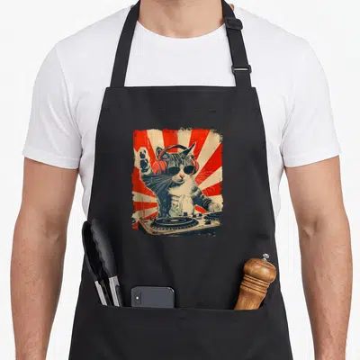 Tablier de cuisine noir avec un chat DJ portant un casque rouge et des lunettes de soleil devant des platines.