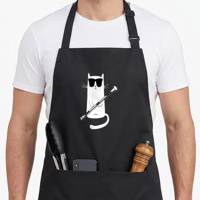Tablier de cuisine noir avec illustration d'un chat blanc portant des lunettes de soleil et tenant un bâton de twirling.