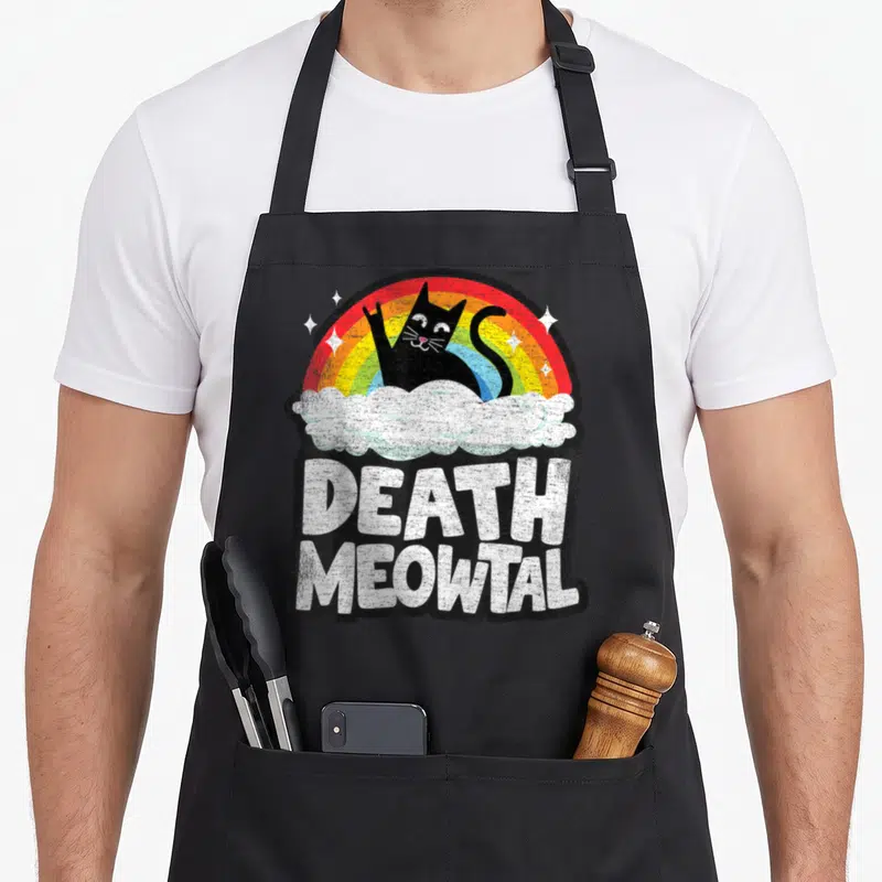 Tablier de cuisine noir avec un chat noir faisant des cornes sous un arc-en-ciel rétro et l'inscription Death Meowtal en blanc.