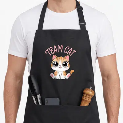 Tablier de cuisine noir avec illustration d'un chaton orange et blanc Team Cat aux yeux brillants