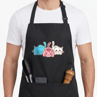 Tablier de cuisine noir avec trois chats stylisés bleu, rose et blanc posés côte à côte.