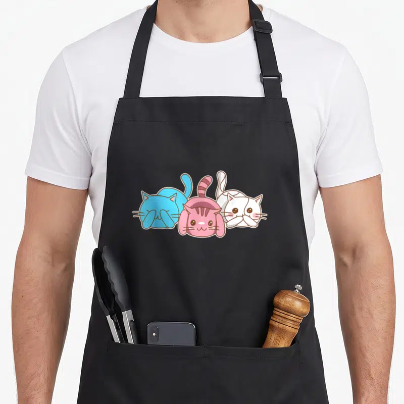 Tablier de cuisine noir avec trois chats stylisés bleu, rose et blanc posés côte à côte.