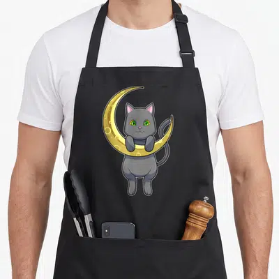 Tablier de cuisine noir avec un chat gris posé sur une lune jaune croissant aux yeux verts vifs.