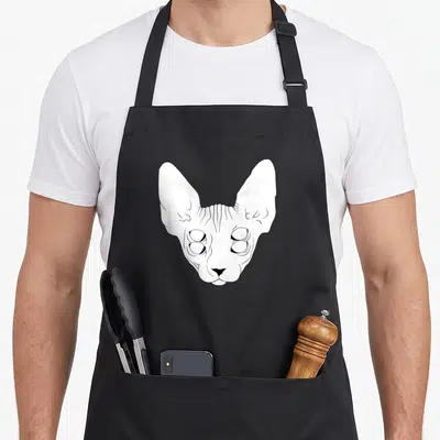 Tablier de cuisine noir avec illustration blanche d'un chat Sphynx aux quatre yeux et oreilles proéminentes.