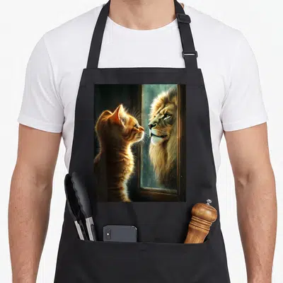 Tablier de cuisine noir avec illustration d'un chat regardant son reflet de lion dans un miroir.