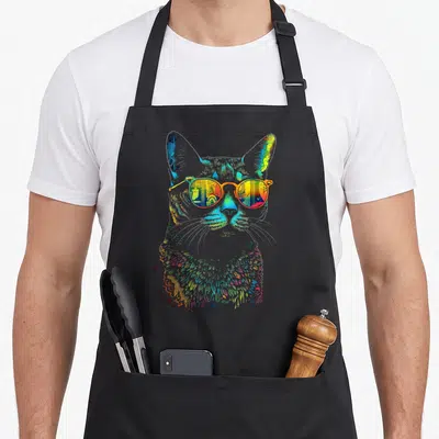 Tablier de cuisine noir avec un chat stylisé portant des lunettes de soleil colorées et des motifs graphiques sur le visage.