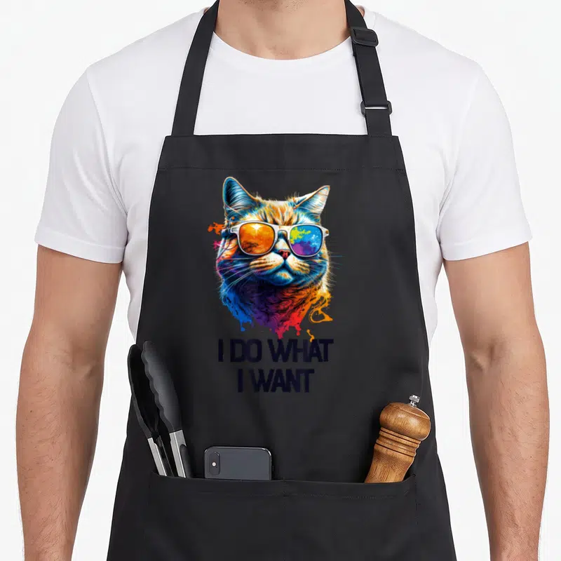 Tablier de cuisine noir avec tête de chat aux lunettes de soleil multicolores et texte I DO WHAT I WANT.