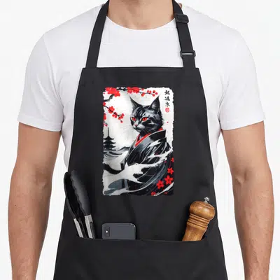 Tablier de cuisine noir avec illustration chat kimono rouge et fleurs de Sakura style japonais ancien.