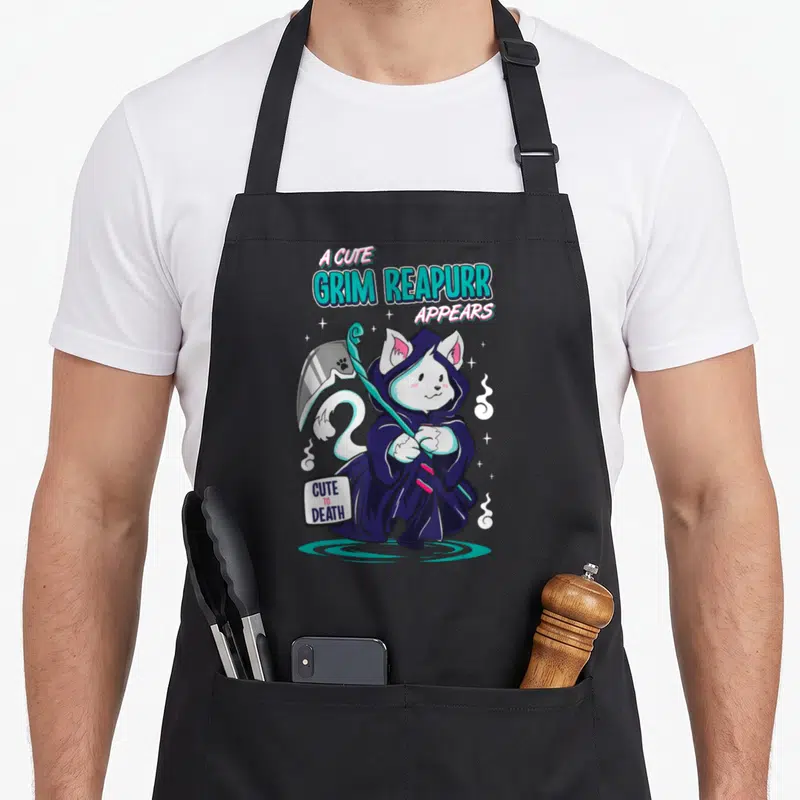 Tablier de cuisine noir avec un kitten kawaii en grim reaper tenant une scythe turquoise.