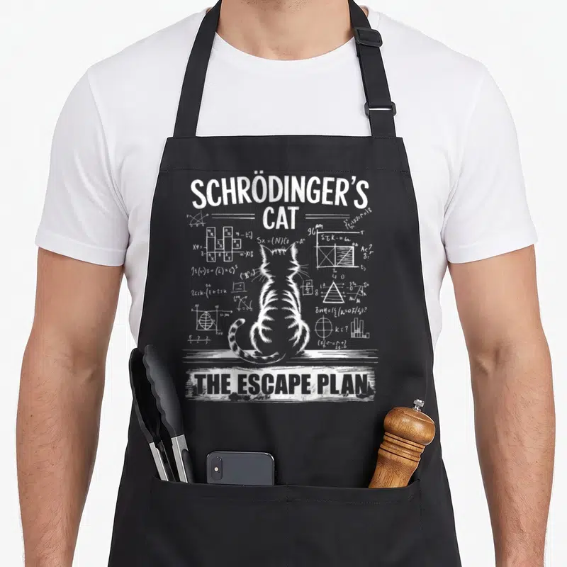 Tablier de cuisine noir avec illustration blanche d'un chat entouré de formules mathématiques et du texte The Escape Plan.