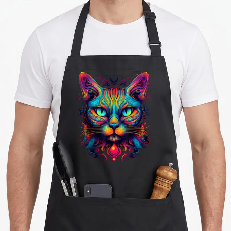 Tablier de cuisine noir avec un chat coloré en art psychédélique trippy hippie aux motifs oniriques.
