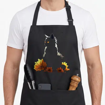Tablier de cuisine noir avec silhouette de chat aux yeux jaunes et fleurs orange au bas du motif imprimé.