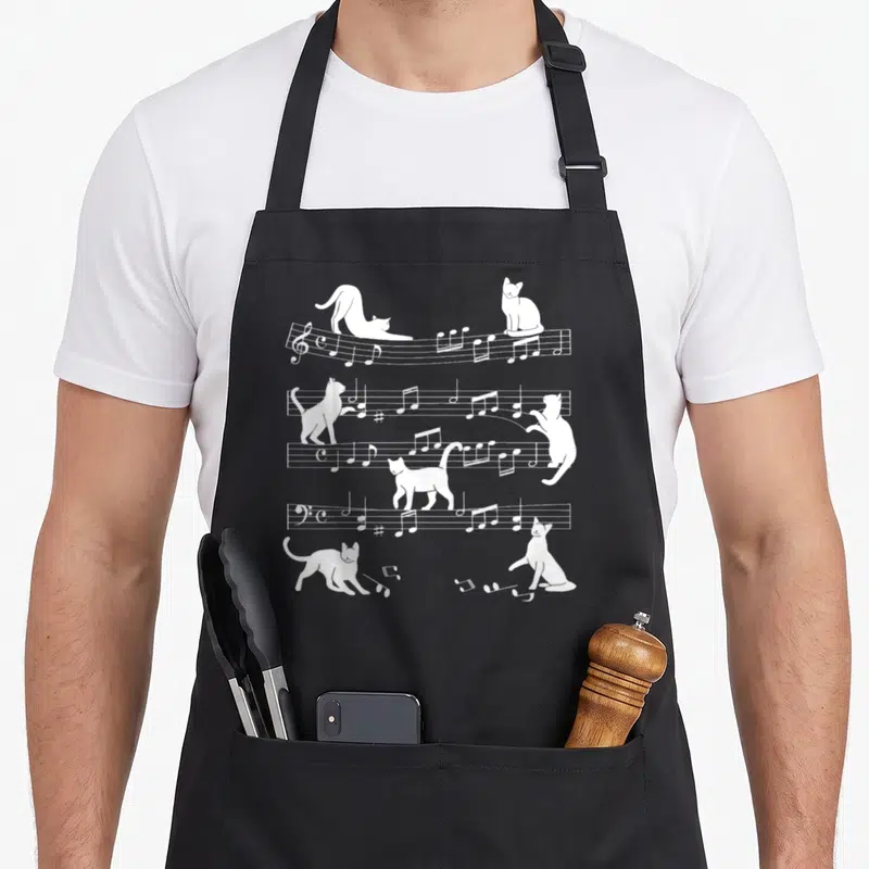 Tablier de cuisine noir avec des illustrations blanches de chats jouant sur des portées musicales et des notes dispersées.