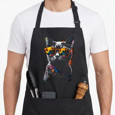 Tablier de cuisine noir avec illustration d'un chat portant des lunettes de soleil orange et des éclaboussures de peinture multicolores.
