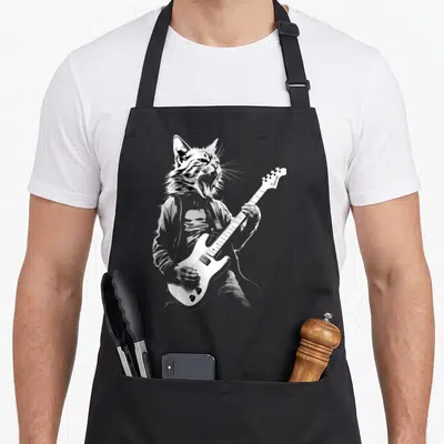 Tablier de cuisine noir avec illustration d'un chat rockeur tenant une guitare électrique blanche et criant.