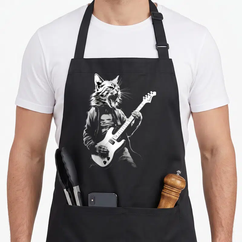 Tablier de cuisine noir avec illustration d'un chat rockeur tenant une guitare électrique blanche et criant.