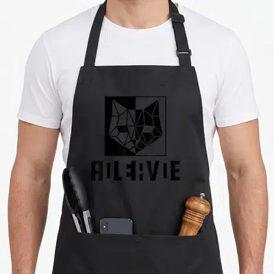Tablier de cuisine noir avec tête de chat géométrique et texte stylisé AILE:VIE en bas.