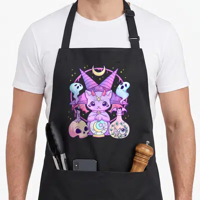 Tablier de cuisine noir avec un chat sorcier violet, des ailes de chauve-souris et des éléments gothiques pastels comme un crâne et une lune.