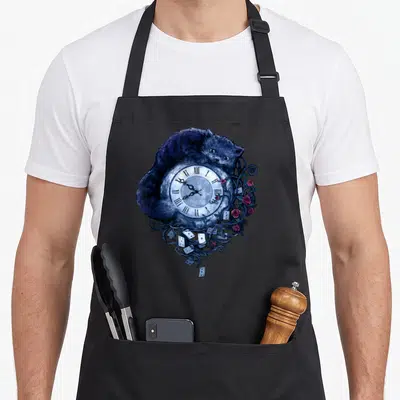 Tablier de cuisine noir avec illustration d'un chat bleu autour d'une horloge vintage et de roses rouges.