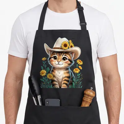 Tablier de cuisine noir avec un chat tigré portant un chapeau de cowboy décoré de fleurs jaunes et de feuillage vert.