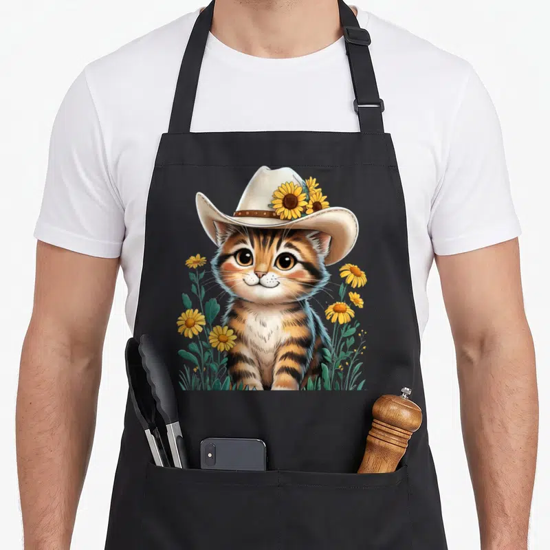 Tablier de cuisine noir avec un chat tigré portant un chapeau de cowboy décoré de fleurs jaunes et de feuillage vert.