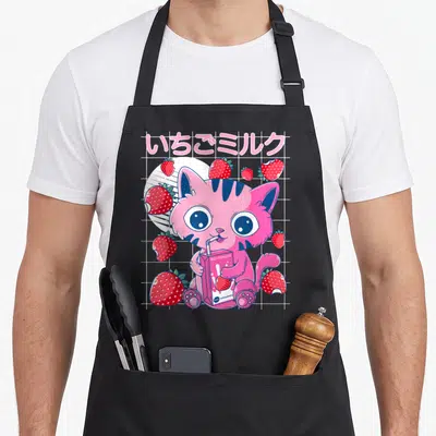 Tablier de cuisine noir avec un chat rose vaporwave tenant une boîte de lait de fraise et des fruits rouges.