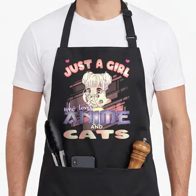 Tablier de cuisine noir avec illustration anime fille chat blanc et texte coloré Just a Girl who loves Anime and Cats