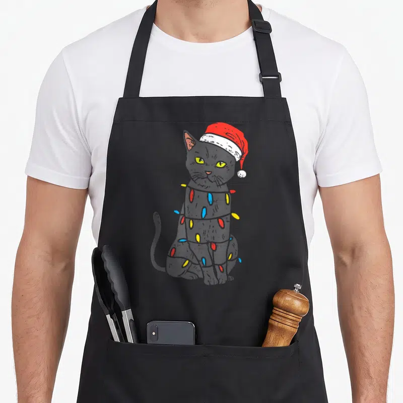 Tablier de cuisine noir avec un chat noir au chapeau de Noël entouré de guirlandes lumineuses multicolores.