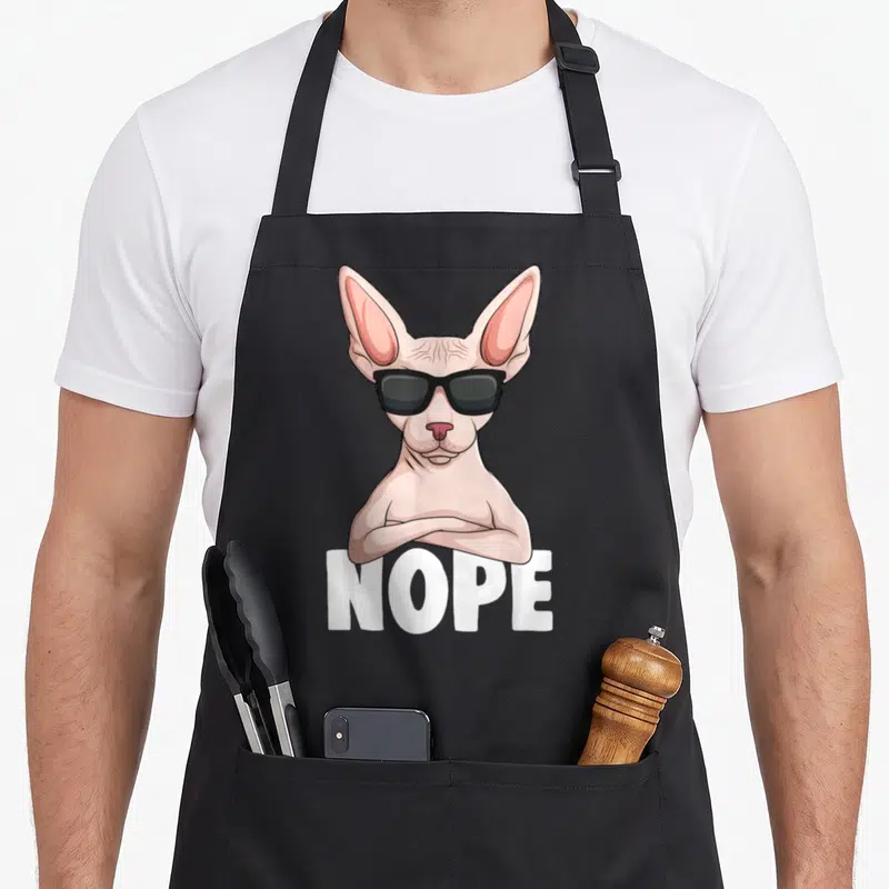 Tablier de cuisine noir avec un chat Sphynx aux bras croisés et le mot NOPE imprimé en blanc.
