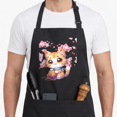 Tablier de cuisine noir avec un chat orange mignon tenant une boule de fil rose sous des fleurs de sakura.