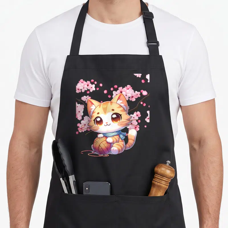 Tablier de cuisine noir avec un chat orange mignon tenant une boule de fil rose sous des fleurs de sakura.
